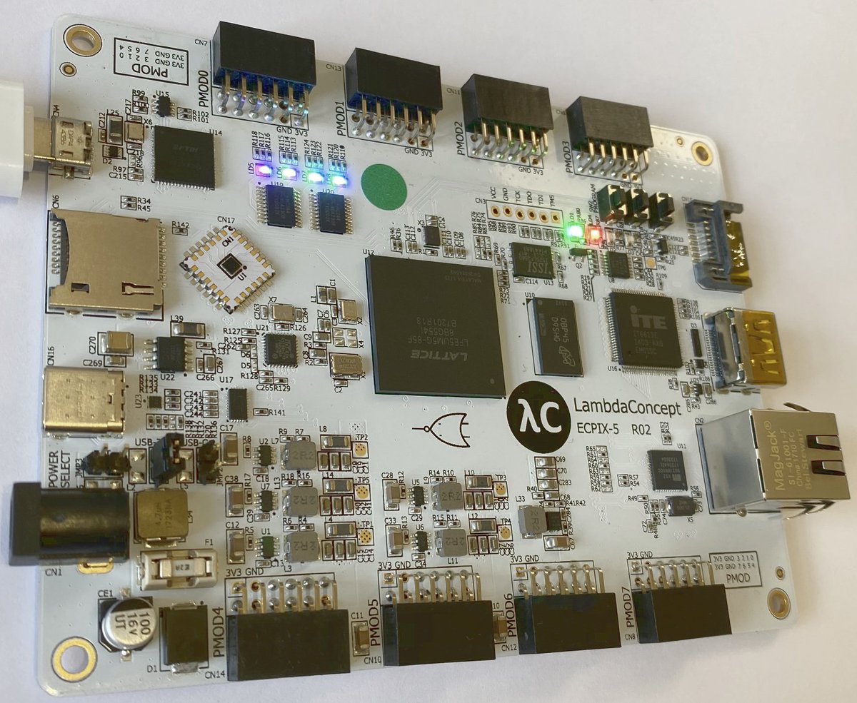 ultraembedded's tweet image. Just got hold of a @LambdaConcept ECPIX-5. First time using the open-source toolchain #Yosys + #Nextpnr, first time using #openFPGALoader, and first time ever using a @latticesemi FPGA. LEDs already flashing. 1hr start to finish - and no 10GB Xilinx downloads required 😀 Love it!