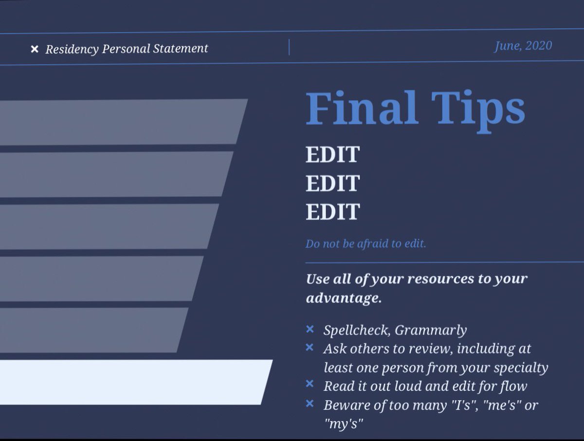 7/Finally, I cannot stress enough that once you have a draft to edit, edit, edit and edit.Plus, use all available resources for success! (Beyond spellcheck, I'm a fan of  @Grammarly)