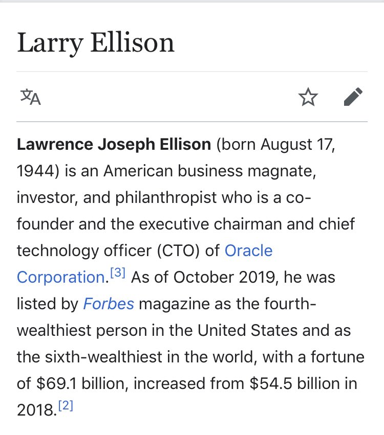 3/ LARRY ELLISONOracle (think about that word) founder, 6th richest in worldPlays both sides of politics, held Trump fundraiser Owns remote islandis a pilot, cited for violating late night take-off rulesAlso owns a MiGAlso owns superyachts