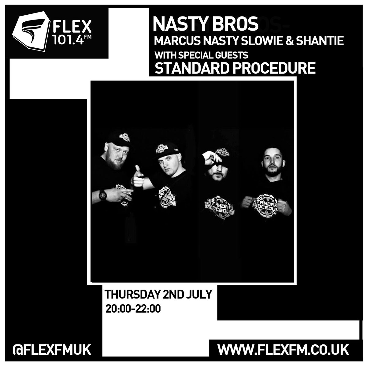 Marcus Nasty (@marcusnasty) on Twitter photo Tomorrow on <a href="/FLEXFMUK/">FLEXFMUK</a> 20:00-22:00
The Nasty Bros Show w/ <a href="/MCShantie/">SHANT MAN LYRIC</a> & @slowieMC
Special guests: STANDARD PROCEDURE <a href="/Tntagram/">MC TNT -STANDARD PROCEDURE- MR SELFMADE</a> <a href="/MCToddLah/">Toddlah</a> <a href="/rowneyg13/">ROWNEY DNB / STANDARD PROCEDURE</a> <a href="/PropzG13Recs/">Propz G13 Records</a> Tomorrow on <a href="/FLEXFMUK/">FLEXFMUK</a> 20:00-22:00
The Nasty Bros Show w/ <a href="/MCShantie/">SHANT MAN LYRIC</a> & @slowieMC
Special guests: STANDARD PROCEDURE <a href="/Tntagram/">MC TNT -STANDARD PROCEDURE- MR SELFMADE</a> <a href="/MCToddLah/">Toddlah</a> <a href="/rowneyg13/">ROWNEY DNB / STANDARD PROCEDURE</a> <a href="/PropzG13Recs/">Propz G13 Records</a>