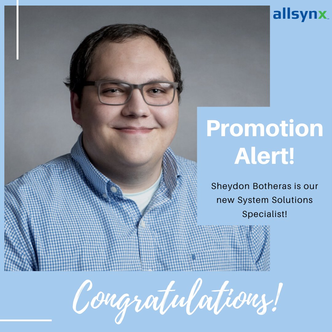 Join us in extending a huge congratulations to Sheydon Botheras! He has accepted a promotion into the position of System Solutions Specialist, and we are so excited to see his continued growth with allsynx. #promotionalert #allsynx