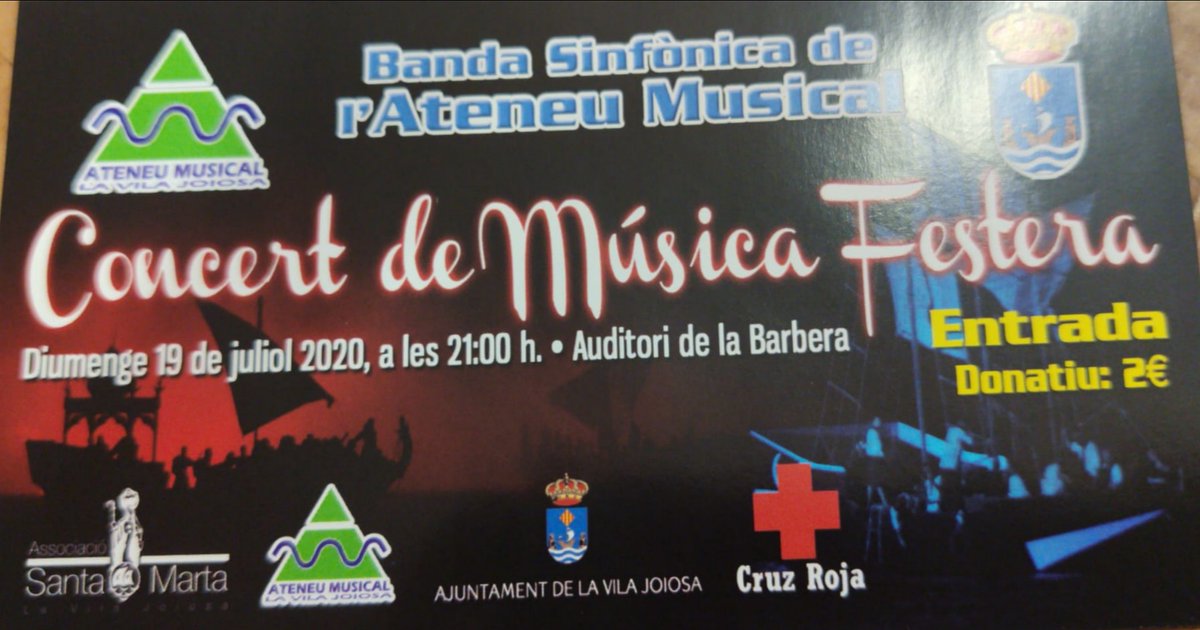 Demà a la venda les entrades del concert de Música Festera del 19 de juliol la seu de l'Ateneu dilluns, dimecres i divendres en horari de matí i dimarts i dijous per la vesprada; a la seu de l' <a href="/astamarta/">Associació Sta Marta</a> tots els matins i dimarts per la vesprada; i a l'Oficina de <a href="/VillajoyosaTur/">TurismoLavilajoiosa</a>