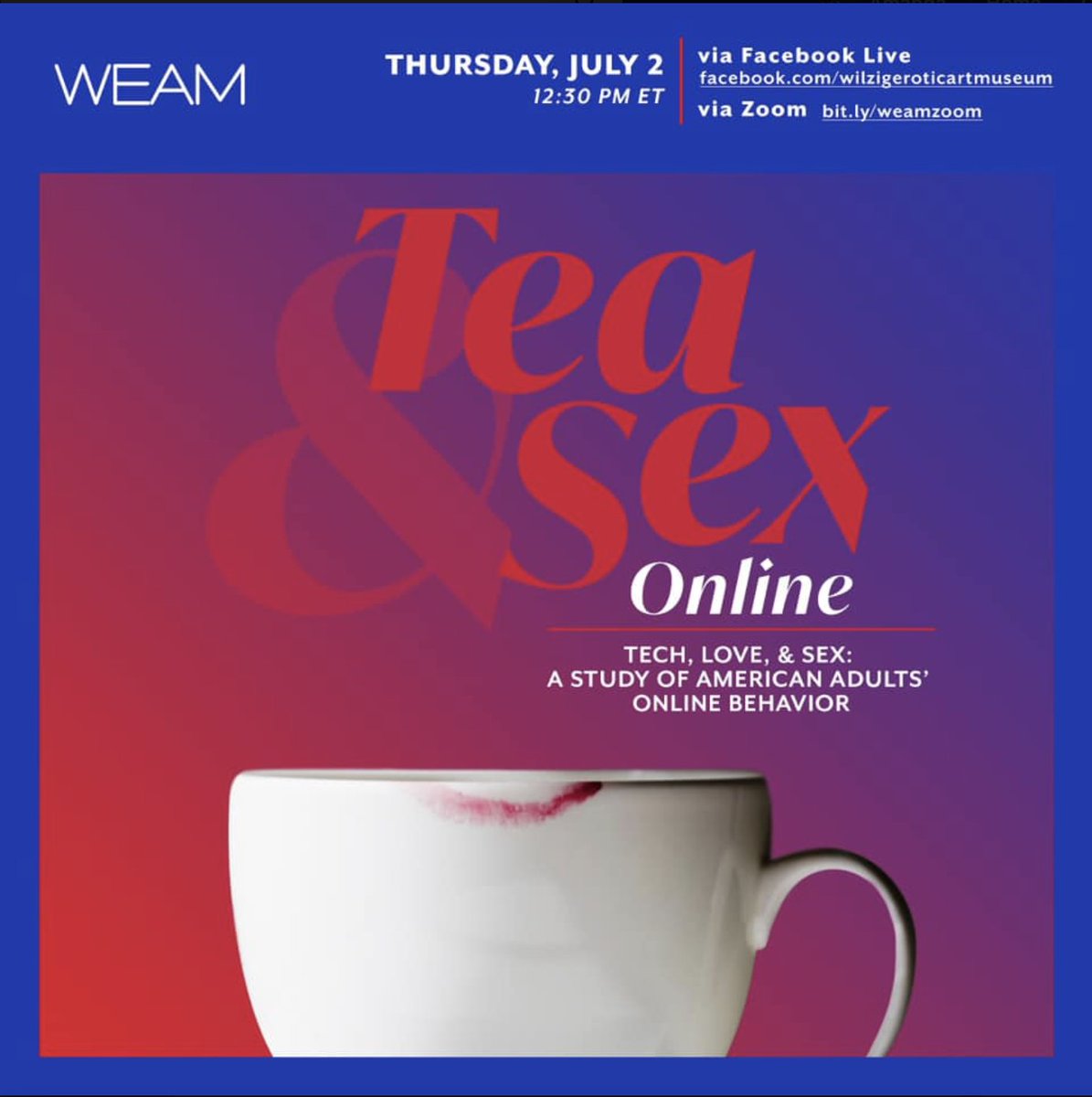 Tomorrow I'm talking with the Wilzig Erotic Art Museum in Miami about some recent research on love, sex, & tech. Tune in at 12:30EDT on FB Live or Zoom. Donations will go to @blacktransusa !