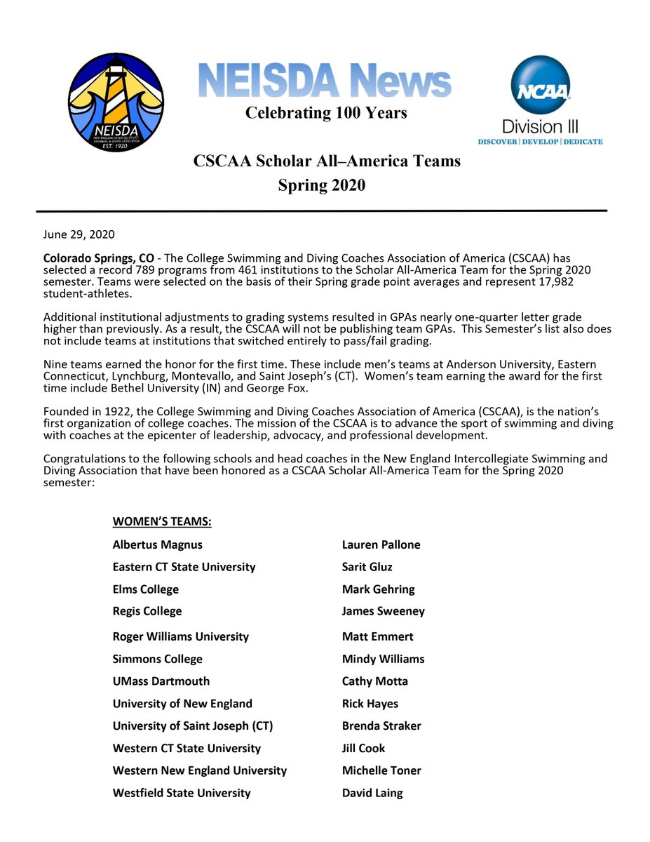 NEISDASwimDive's tweet photo. Congratulations to the following schools and head coaches in the New England Intercollegiate Swimming and Diving Association that have been honored as a CSCAA Scholar All-America Team for the Spring 2020 semester!! https://t.co/Cp24enM7HG