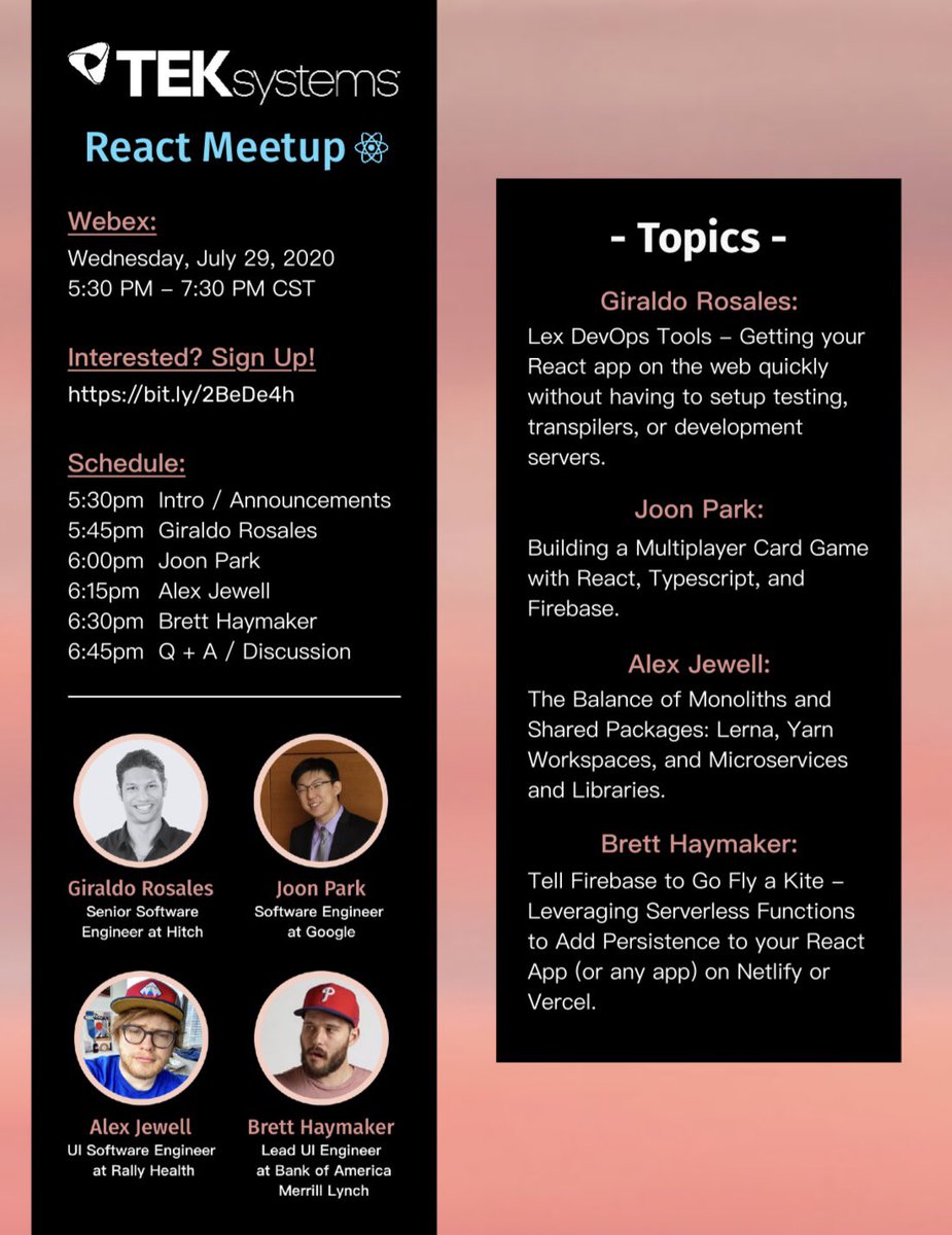 The Virtual React Meetup is 1 month away! If you are interested in attending sign up here 👉🏼 bit.ly/2BeDe4h 

#TEKsystemsDigital #reactchicago