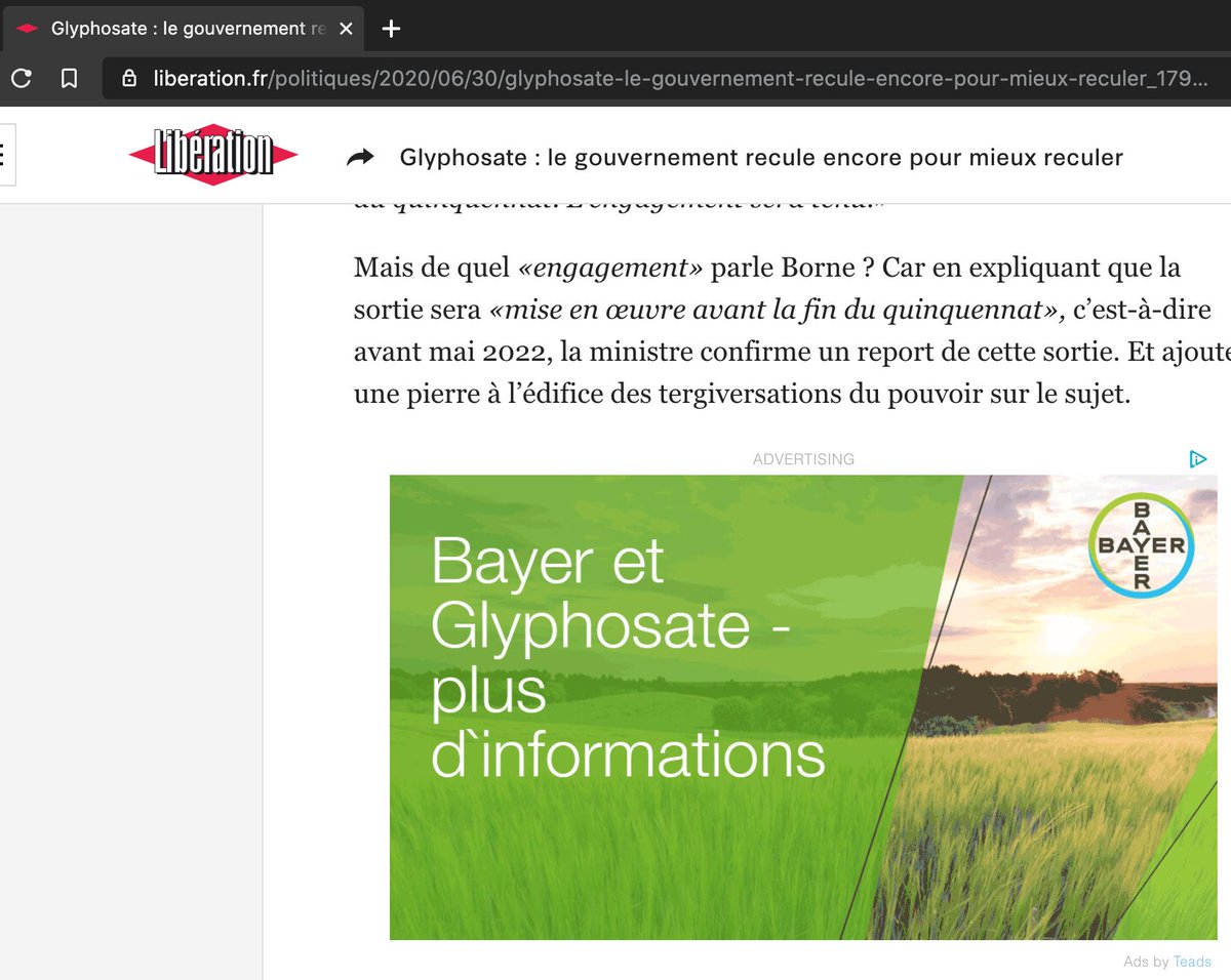 Dites <a href="/libe/">Libération</a>, pourquoi il y a une pub de Bayer qui explique  que le glyphosate, c'est "super bienⓇ" au milieu de votre article qui défonce l'inaction du gouvernement sur le sujet ? 🤔
