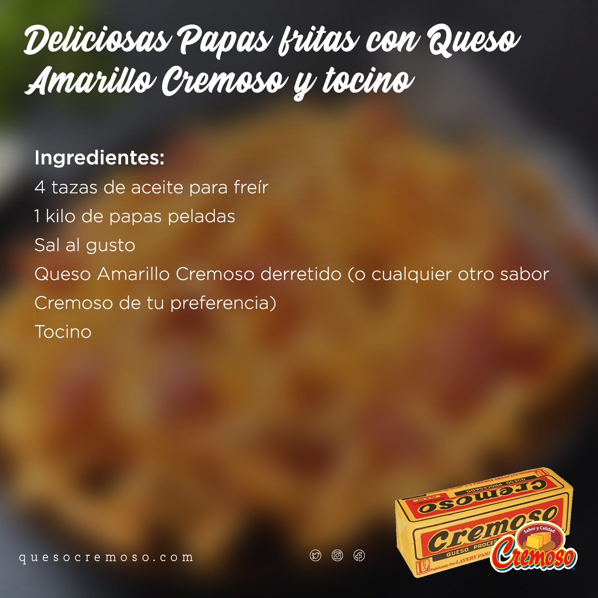 QuesoCremoso's tweet photo. Papa fritas + Queso Amarillo Cremoso o Cremoso Squeeze + Tocino.
Esta práctica receta te puede ayudar mucho con esos antojos =)
¿Se te antoja? Cuéntanos como lo prepararías.
#Panama #Queso #ComoRico #Antojos #Cocinar #Htzanetatos @Htzanetatos https://t.co/hbv58jZucS