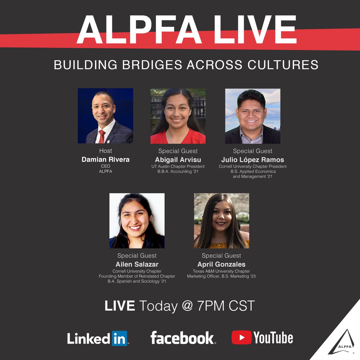 alpfa's tweet photo. Tonight! Join us for another #ALPFALive Show, this time featuring ALPFA student leader speakers from ALPFA University of Texas at Austin, ALPFA at Cornell University, and @ALPFA_TAMU University Chapter. See you all tonight at 8 pm ET/ 7 pm CT/ 5 pm PT. https://t.co/7J3fTePaJS