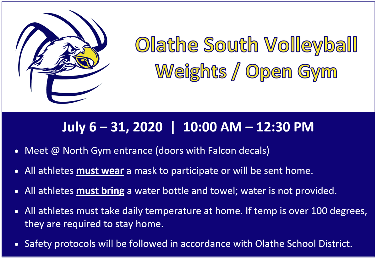 olathesouth_vb's tweet photo. Lady Falcons! Here's some important info re: weights &amp; open gym on Monday! Spread the word. #osvb https://t.co/lPFbjEyaqk