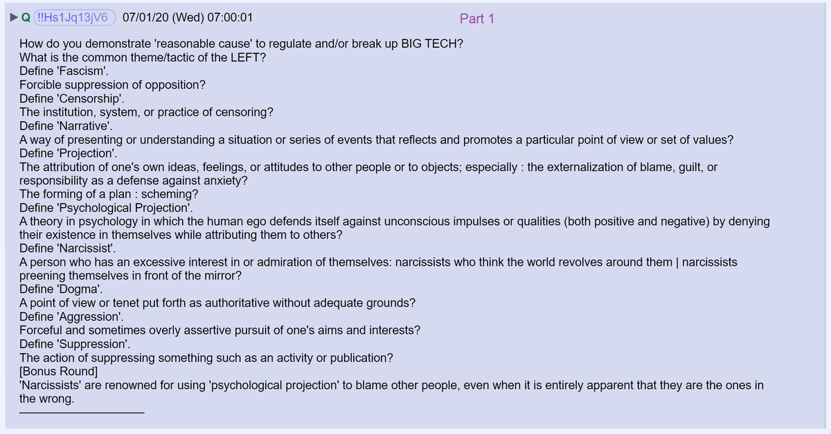 5) Q pointed out that before action could be taken to break up or regulate big tech companies, they had to be allowed to go too far. Their abuses would then give justification for their regulation.