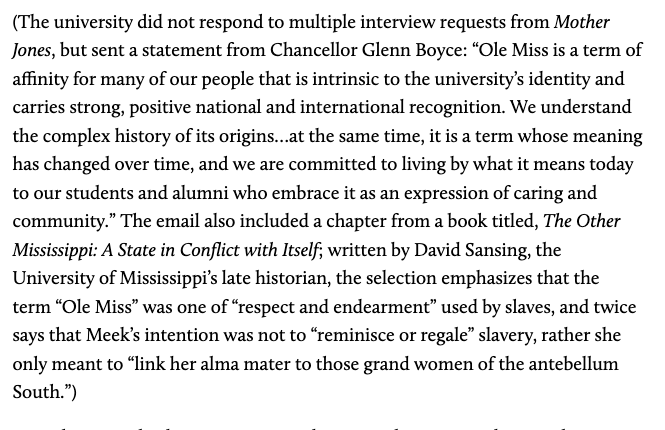 Our Chancellor's email response to  @kbeccaandrews concerning the name 'Ole Miss' argues that (1) the name has seemingly taken on a less racist meaning, (2) people love it (!), and (3) it may not have been all that racist anyway because a former history professor said so.