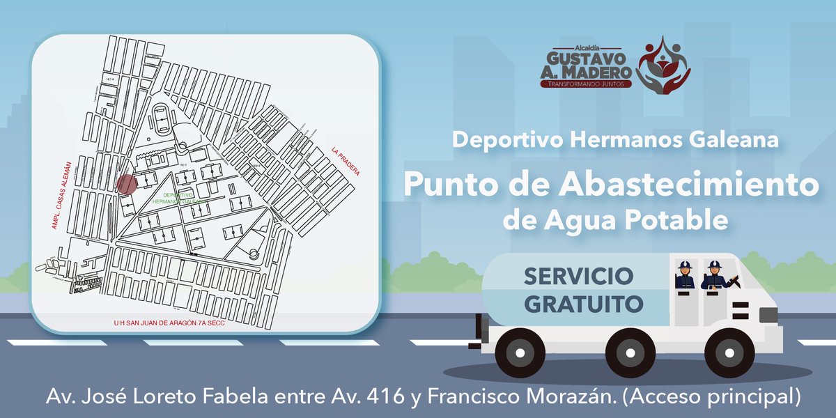 TuAlcaldiaGAM's tweet photo. Recuerda que en el Deportivo #HermanosGaleana nuestros compañeros y compañeras continúan atendiendo a todas las y los #maderenses que solicitan el servicio de pipa de agua. 💦 

#ProgramaEmergente https://t.co/FZ8UlR8ezt