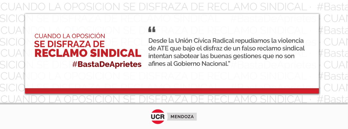 CUANDO LA OPOSICIÓN SE DISFRAZA DE RECLAMO SINDICAL
#BASTADEAPRIETES
Desde la Unión Cívica Radical repudiamos la violencia de ATE que bajo el disfraz de un falso reclamo sindical intentan sabotear las buenas gestiones que no son afines al Gobierno Nacional
bit.ly/2YRhkgl