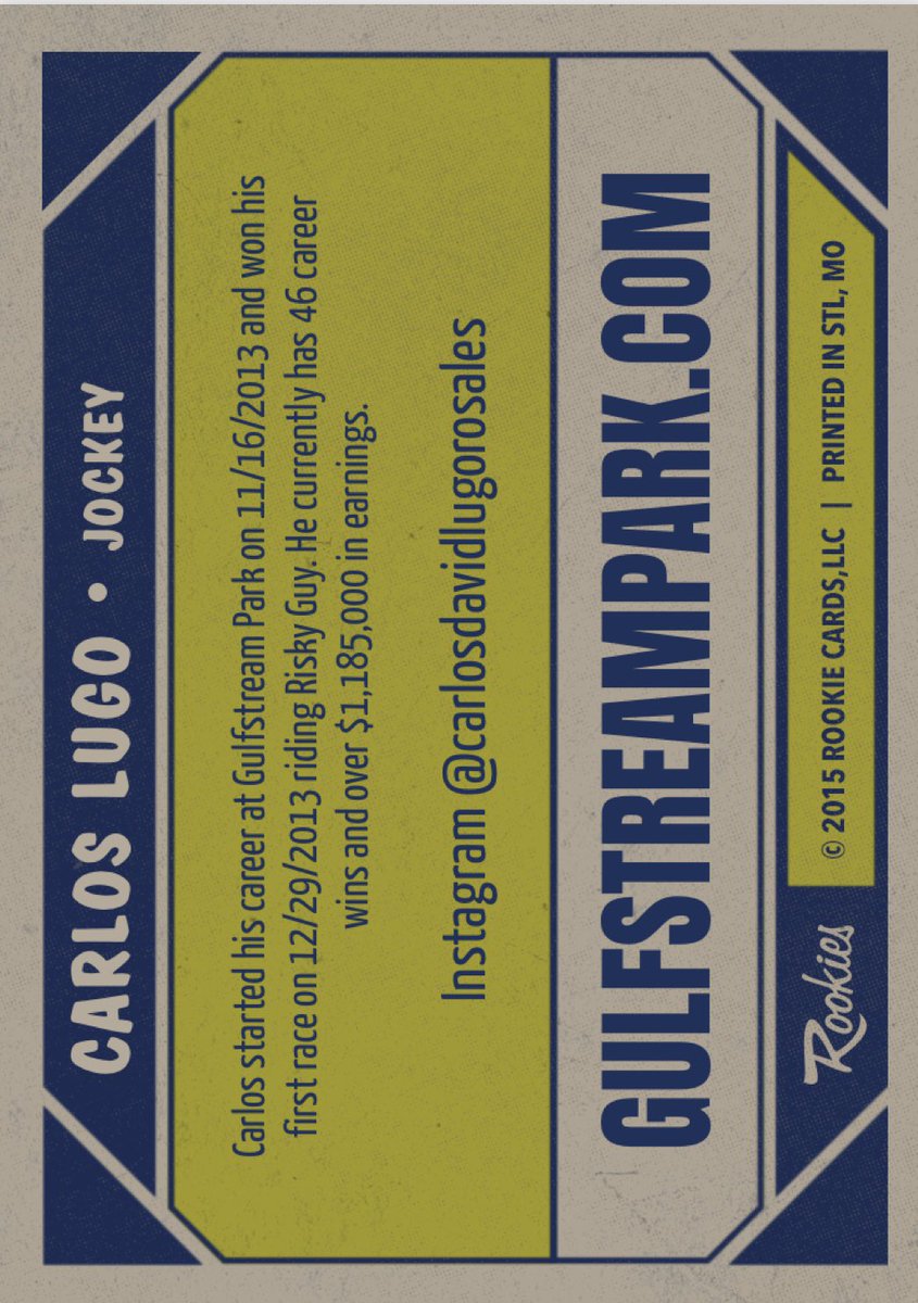 GulfstreamFanGQ's tweet photo. Carlos Lugo - Gulfstream Park 2020 Spring-Summer Meet Virtual Jockey Trading Card (front & back). #CarlosLugo #GulfstreamPark #2020SpringSummerMeet #HorseRacing #Jockeys #VirtualTradingCards https://t.co/YQrwstBPgb