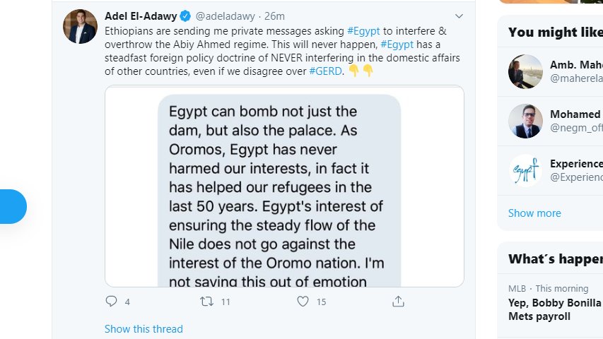 First, check out my previous threads on his tweets. Oh, but now Ethiopians are sending him private messages, asking Egypt to interfere. If you’ll “never do it,” why would you publicize this? Which in itself is clearly a tactic at destabilization.