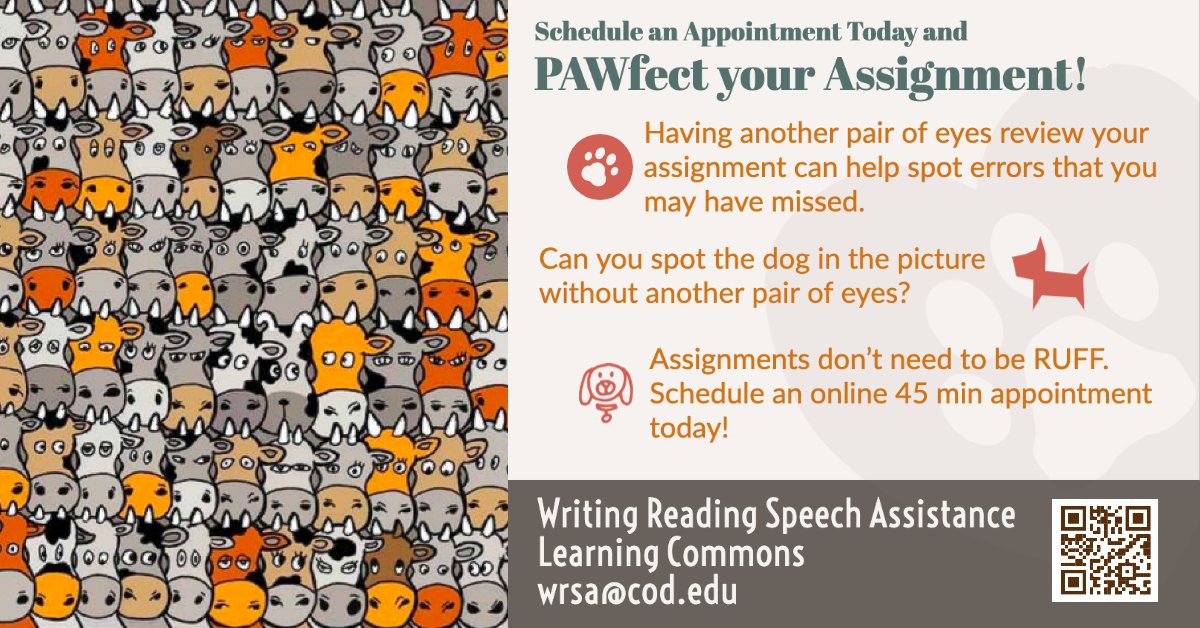 TASC_COD's tweet photo. It can never hurt to have another pair of eyes review assignments with you. Visit the link on our bio to schedule an appointment with a Writing, Reading, Speech Assistance coach.
#CODLearningCommons #WRSAWednesday #ChapsUnite https://t.co/5xafaFhJzp
