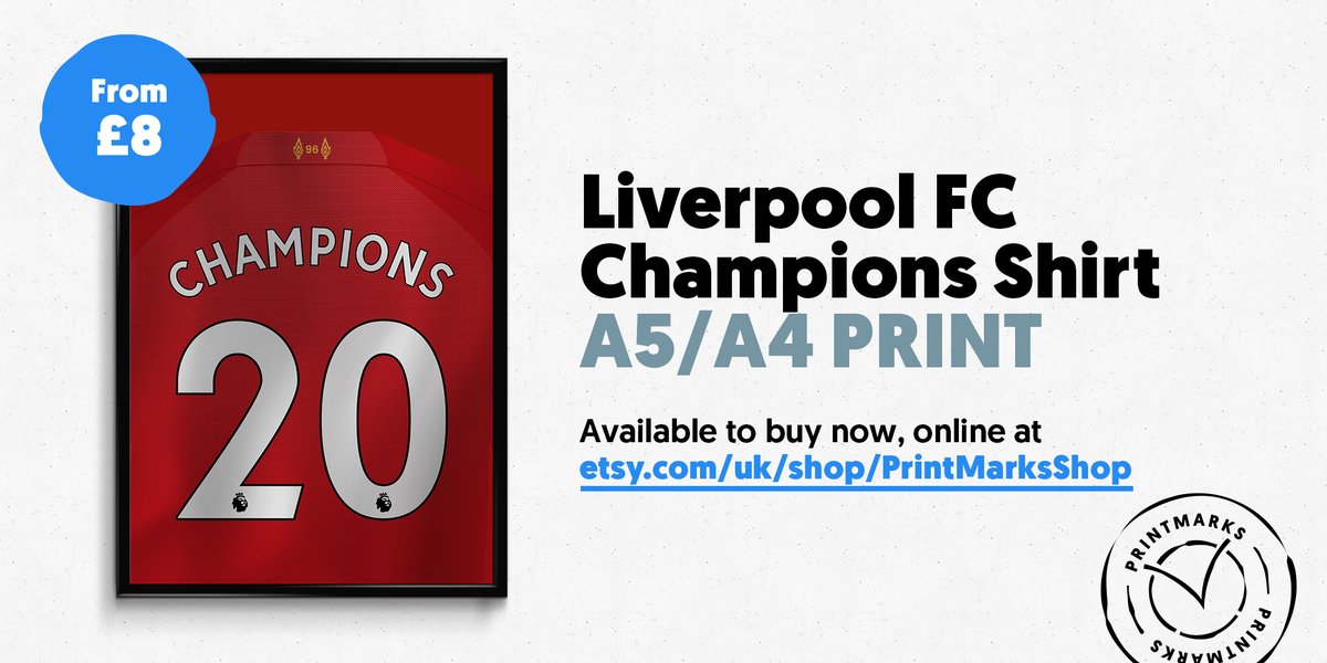 PrintM4rks's tweet photo. Celebrate Liverpool's first top flight title win in over 30 years with this Champion Shirt poster or print. #HandmadeHour #LFC #Liverpoolchampions #Liverpool #Premiership #premierleaguechampions https://t.co/aMT7vpol5y