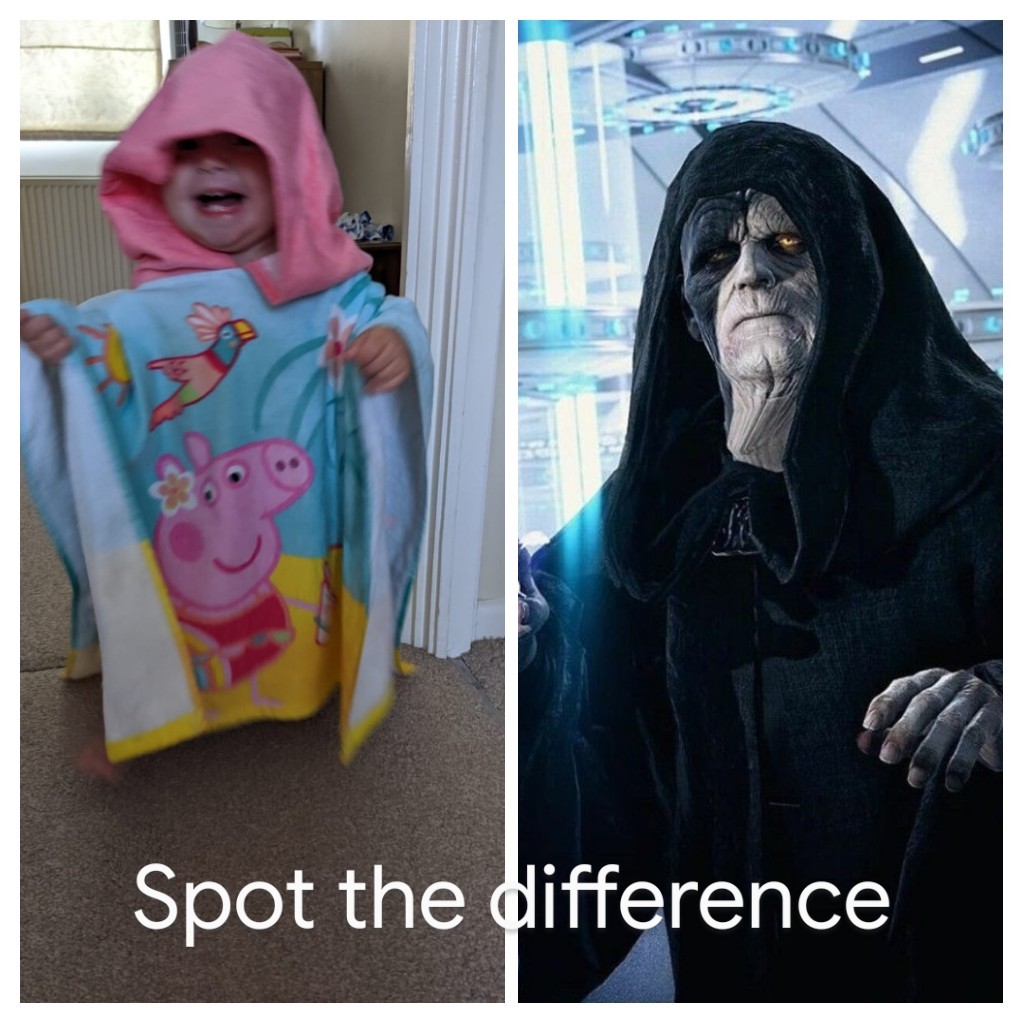 pipscott1990's tweet photo. One is my daughter enjoying the Peppa pig towel she got for her birthday, the other of the the most evil beings in the Star Wars universe. I'll let you decide which is which... #StarWars #1today https://t.co/fs122R59w8