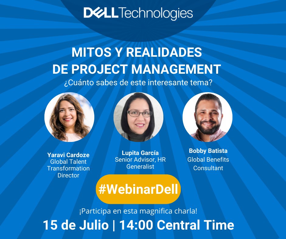 ¿Estás iniciando tu carrera profesional y estás interesado en aprender un poco más sobre Project Management? Entonces participa de nuestro Webinar: “Mitos y Realidades de Project Management”. 

Regístrate aquí 👉lnkd.in/eM-eKr8
#DellWebinar