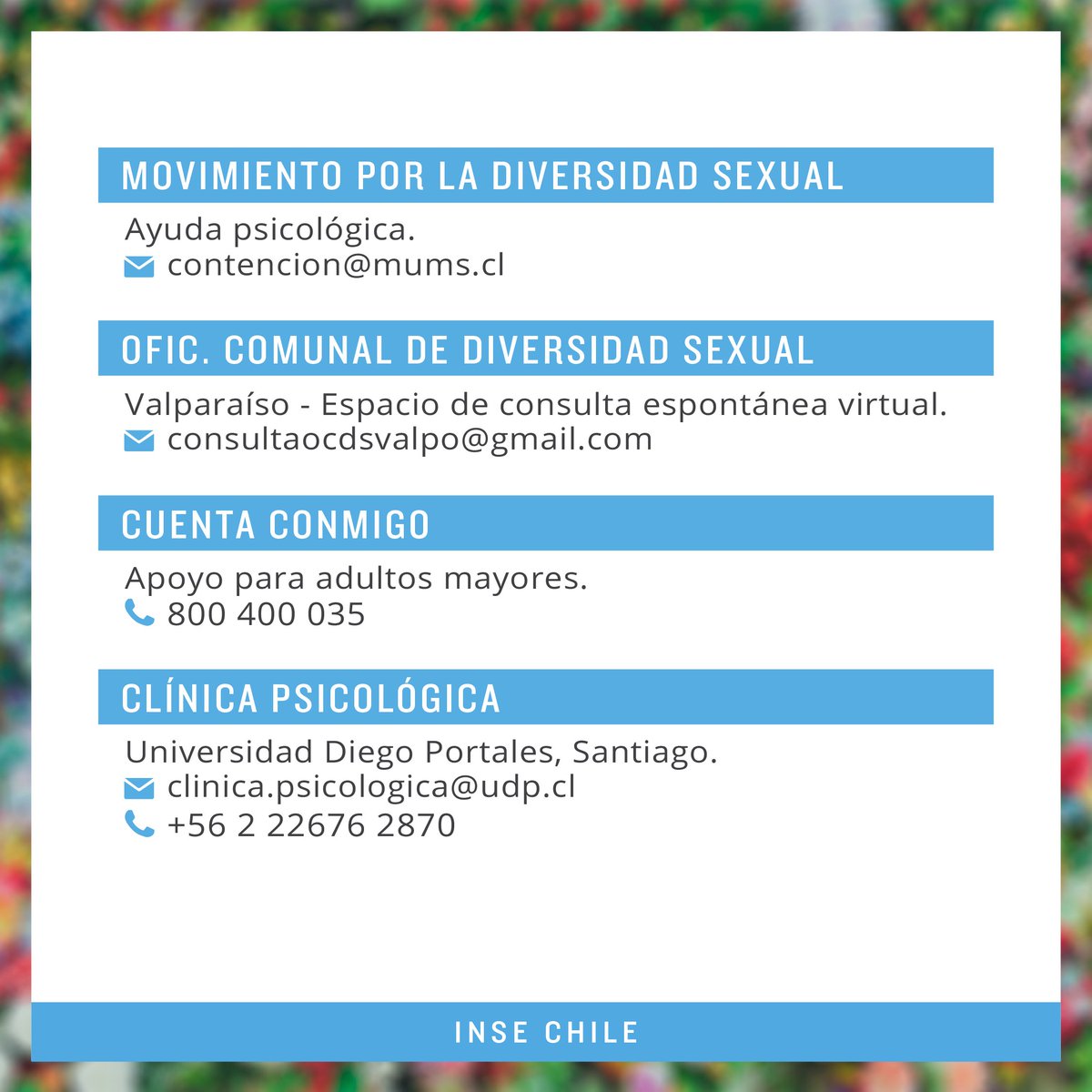 INSE_CHILE's tweet photo. 🔵 Datos de lugares de ayuda psicológica gratuita.

Compartimos con ustedes esta guía donde podrás encontrar datos de contención psicológica gratuita.
¿Conoces otros lugares? ¡Coméntanos en los comentarios!👇
Entre todos saldremos de esto 🧡

#psicología #elpuebloayudaalpueblo https://t.co/ybBGEr8M6E
