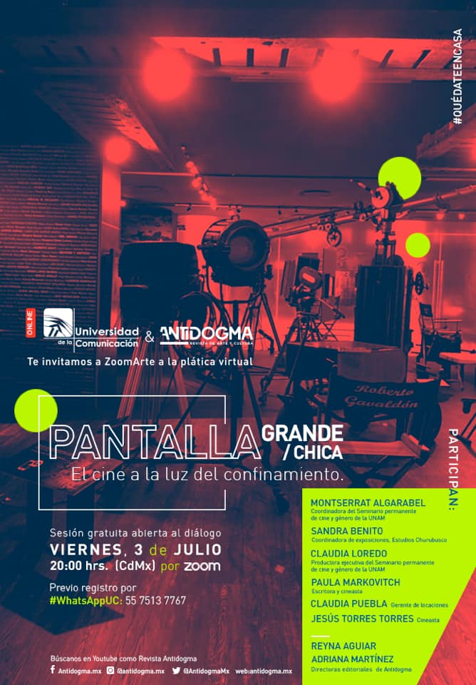 AntidogmaMx's tweet photo. La @UC_oficial y https://t.co/KhxUBmRwR8 te invitamos a #ZoomArte a pensar en conjunto con la plática:

Pantalla grande / pantalla chica. El cine a la luz del confinamiento.

Previo registro en esta liga:
👉🏼 https://t.co/Z97d32lIYE https://t.co/fN6qi20iKq