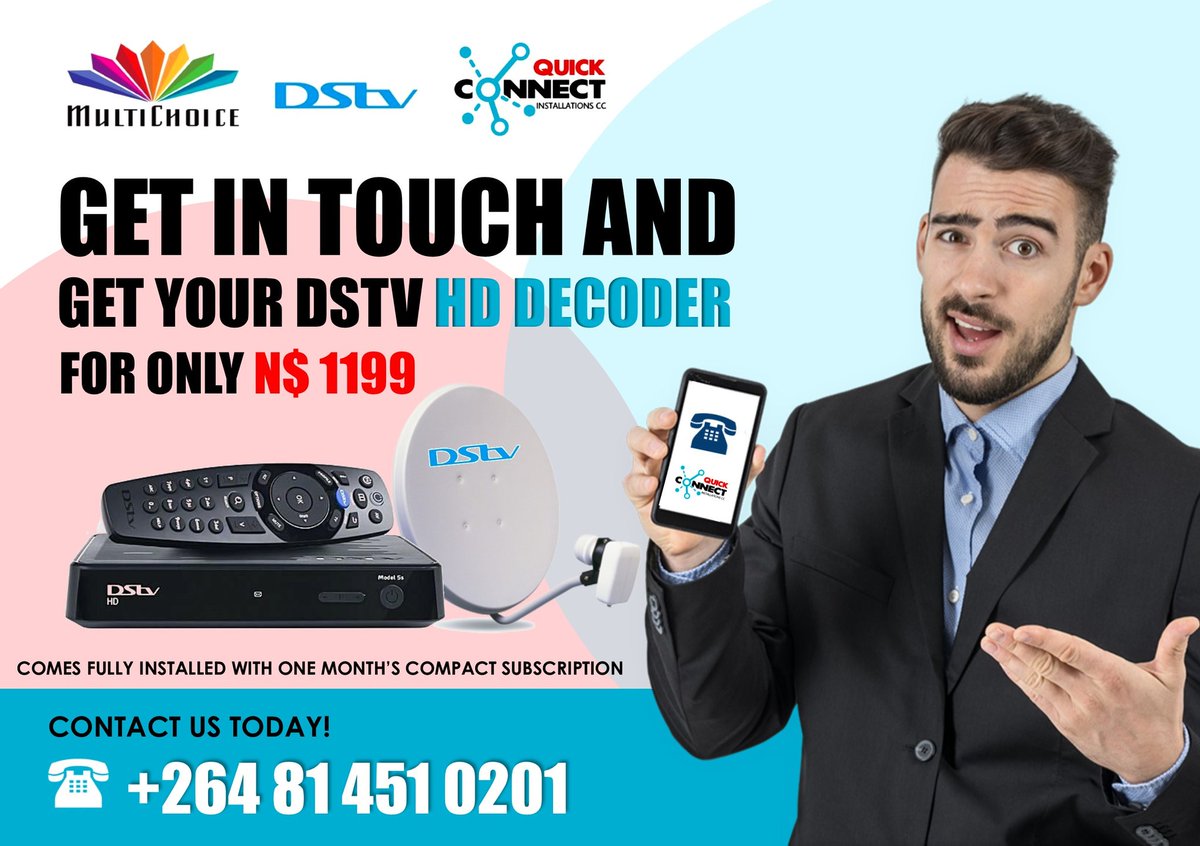 quick_cc's tweet image. DSTV ZAPPER HD DECODER + DISH KIT FULLY  INSTALLED + 1 MONTH FREE COMPACT SUBSCRIPTION WORTH N$399 = N$1199.95...

INSTALLATION only in windhoek.
0814510201