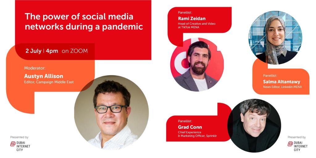 Want to learn more about the role of social media during the pandemic?

Join me, Austyn Allison from <a href="/CampaignME/">Campaign Middle East</a>, Salma Altantawy from <a href="/LinkedInMENA/">LinkedInMENA</a> and @Zeidanjr from <a href="/tiktok_us/">TikTok US</a> MENA as we discuss this critical topic. Register now: ms.spr.ly/6011TlsFL

<a href="/DIC_Community/">Dubai Internet City</a>