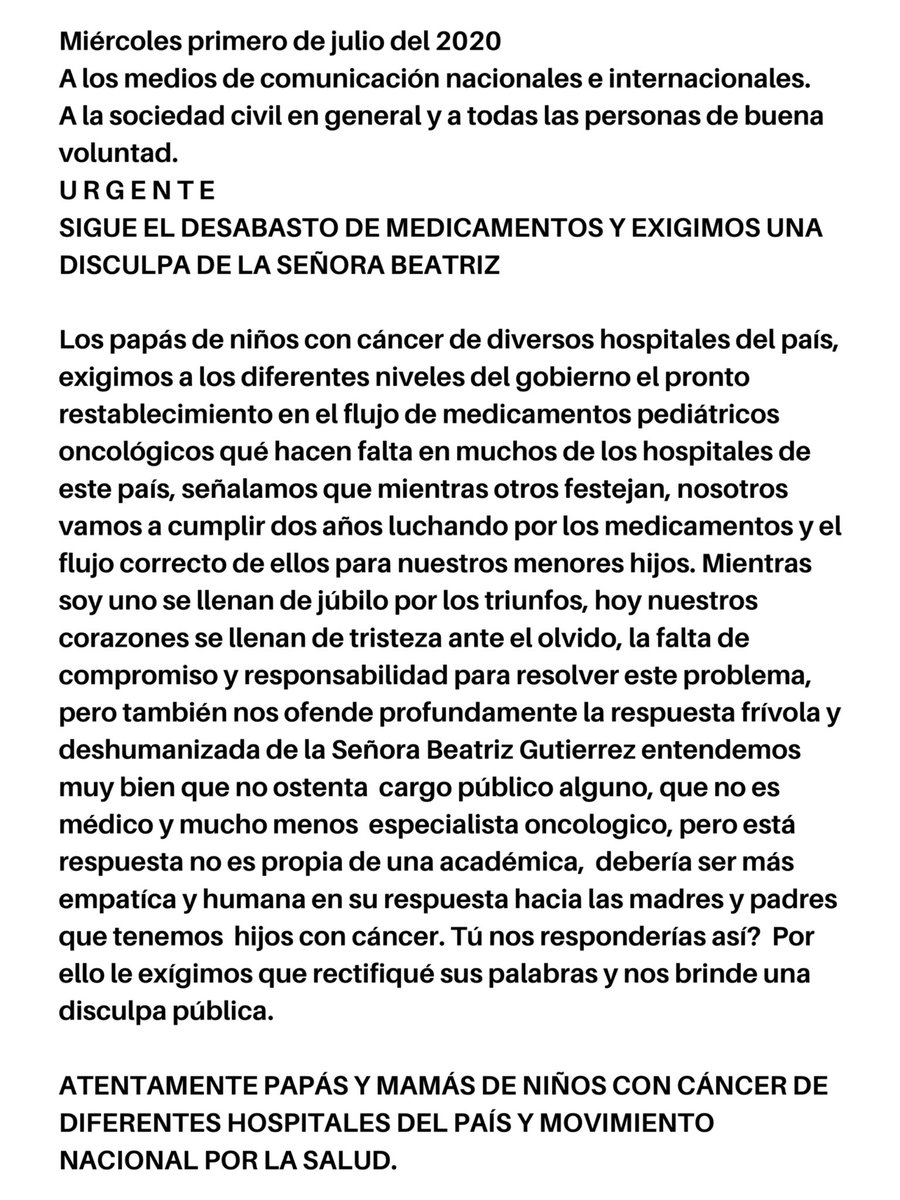 CiudadanosPMx's tweet photo. Los padres de los niños con cáncer exigen disculpa pública a Beatriz Gutiérrez Müller: "... nos ofende profundamente la respuesta frívola y deshumanizada de la Señora Beatriz Gutierrez.. debería ser más empática y humana...".

#NoHayQuimios #CPM 

Aquí el texto íntegro.👇 https://t.co/CpoDxvVmnw