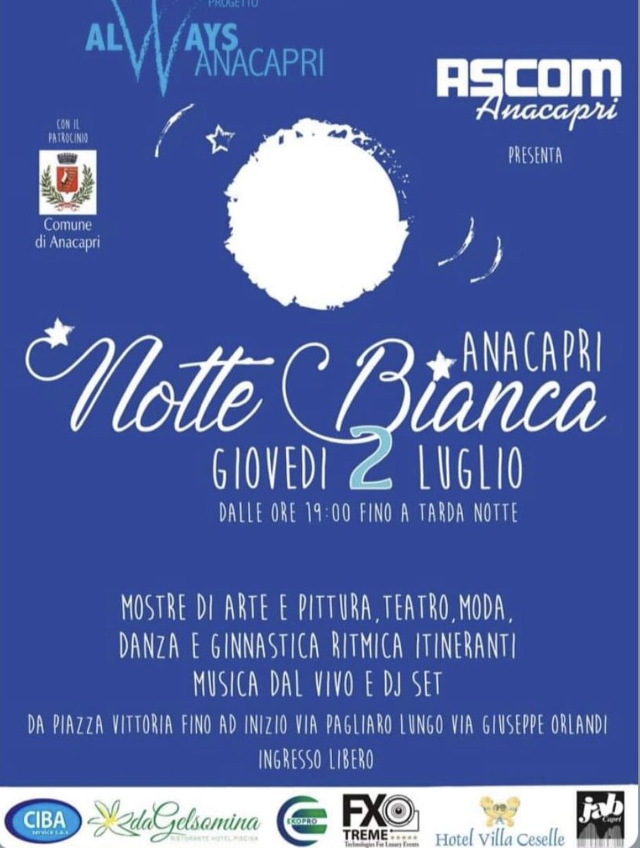 ArtCapri's tweet photo. Domani 2 #Luglio Notte Bianca ad #Anacapri non mancare - Isola di #Capri #alwaysanacapri https://t.co/9ak3xVgqjd