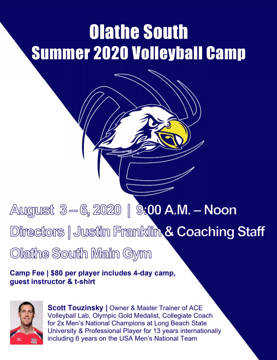 olathesouth_vb's tweet photo. Don't forget to register for camp by July 15th! Olympic Gold Medalist, Scott Touzinsky (@acevolleyballl1) will be our guest instructor August 5-6. You don't wanna miss it! Register here: https://t.co/1o0xYPh4v5

#osvb #osvb2020 #boombaby #allin https://t.co/2yq7SewZpP