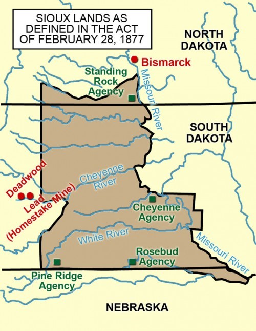 Threatened with starvation, 10 percent of adult men signed an “agreement” (the U.S. stopped making treaties in 1873) ceding the Black Hills.