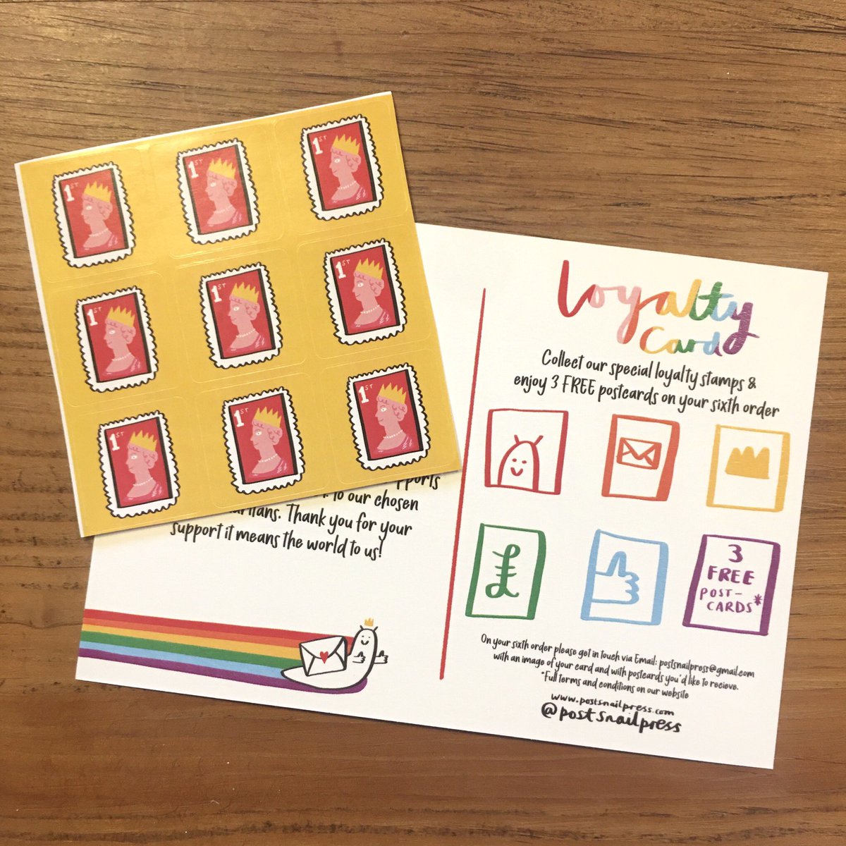 postsnailpress's tweet photo. In June we introduced a loyalty card that’s included with every order along with a super cute loyalty stamp. If you spend over £15 you’ll get a second stamp! Once you’ve collected 5 loyalty stamps you can add 3 free postcards to your next order. #happymail #artpostcards https://t.co/0phlonUlvP