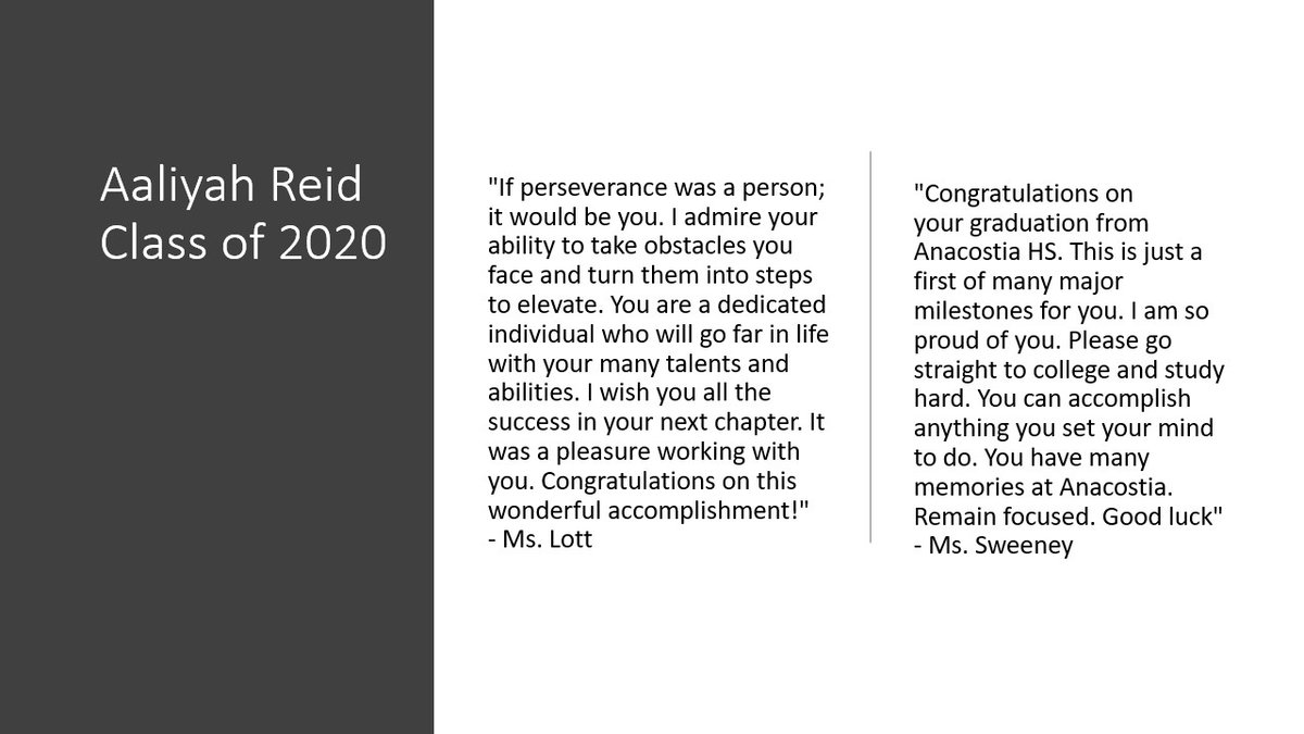 AnacostiaHigh's tweet photo. Aaliyah "If perseverance was a person, it would be you."  Our staff is awed by your determination, grit, and will to succeed.  You joined the CEO Program as a star, and we hope to see you transition into college using the strong belief that you can do anything you dream. #WhyAna https://t.co/PZMslKPxja