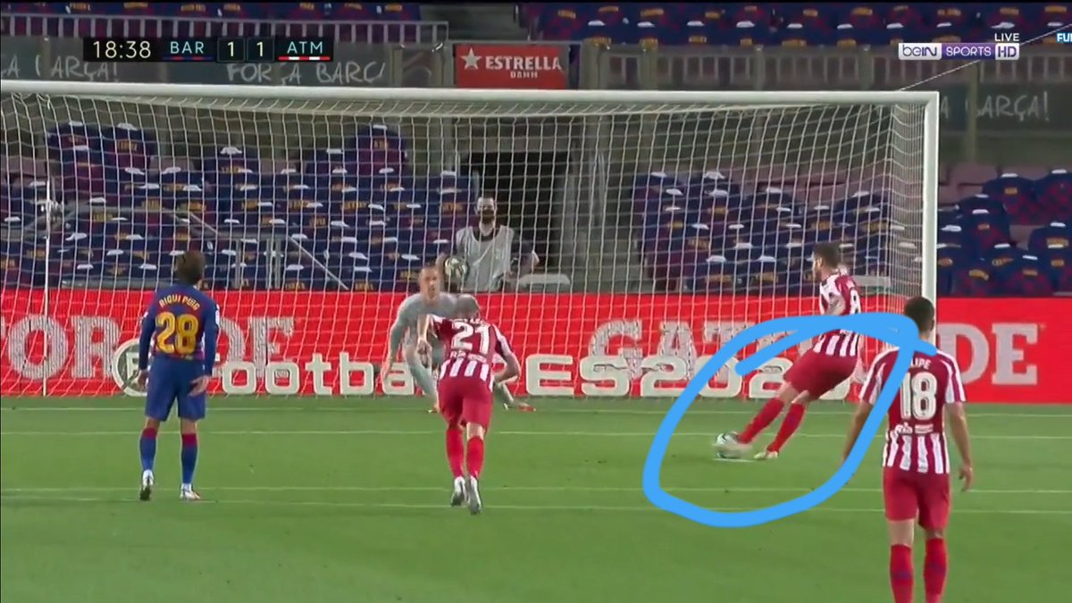 Look at 1,2,3 images and specifically observe the highlighted part(his lower body). Whenever he shoots on the left, his lower body is like 50°-60° approx towards the right. But look at the 3rd pic, his lower body and both his legs are leaned like 80° to bend the ball on the right