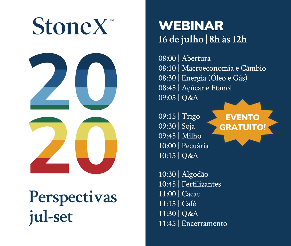 EVENTO ONLINE | A equipe de Inteligência de Mercado da StoneX divulga suas perspectivas para os principais mercados #agrícolas no dia 16 de julho a partir das 8h (Brasília). Inscrições gratuitas: mercadosagricolas.com.br/inscricao-pers…
