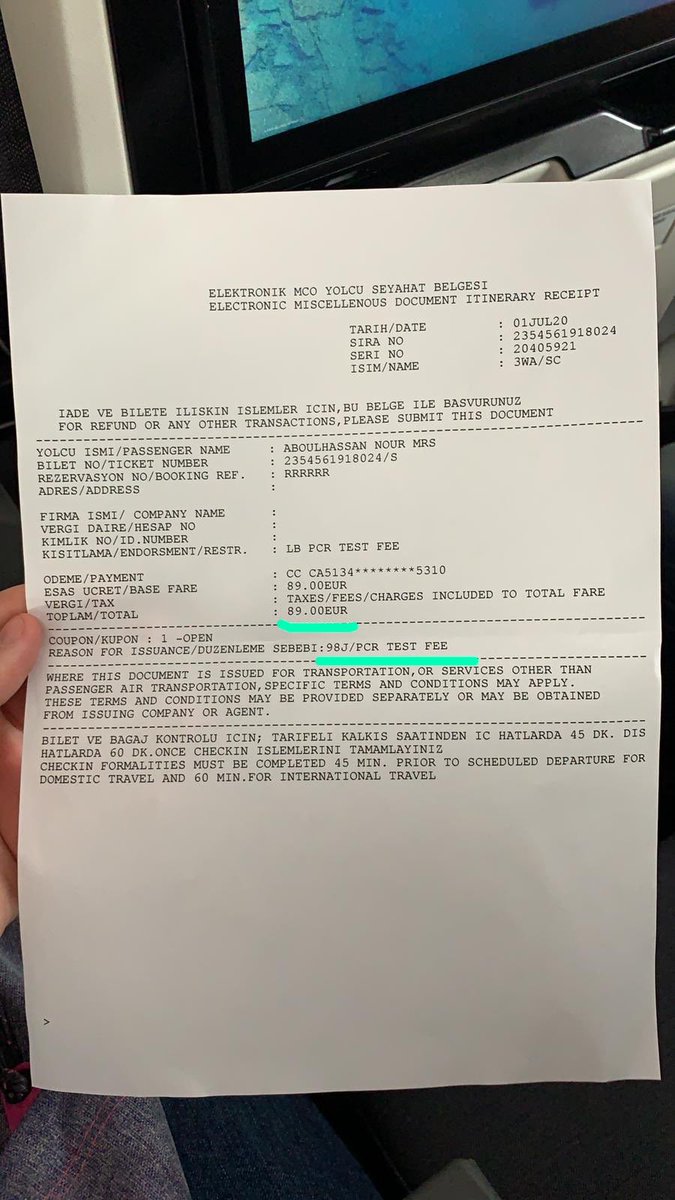 أدناه،
صورة إيصال لطالبة قدمت الليلة من باريس وأجبرتها الميدل إيست على دفع ٨٩ يورو نقداً قبل صعود الطائرة كثمن مسبق لفحص الكورونا في مطار بيروت،
الدولة حددت الفحص ب ١٥٠ الف ليرة،
الشركة قبضت من كل راكب ٨٥٠ ألف ليرة بسعر الدولار اليوم!
الحوت مُلزَم بإعادة تلك المبالغ لكل الركاب...