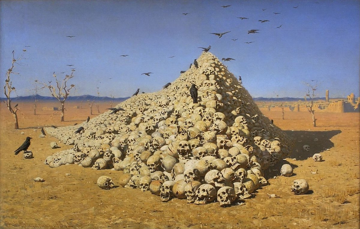 There’s a story which may well be apocryphal: at an art exhibition in the 1880s the Russian painter Vasily Vereshchagin took General Helmuth von Moltke (the elder) on a tour of the gallery.There he led the general in front of his painting, “The Apotheosis of War,” (1871).