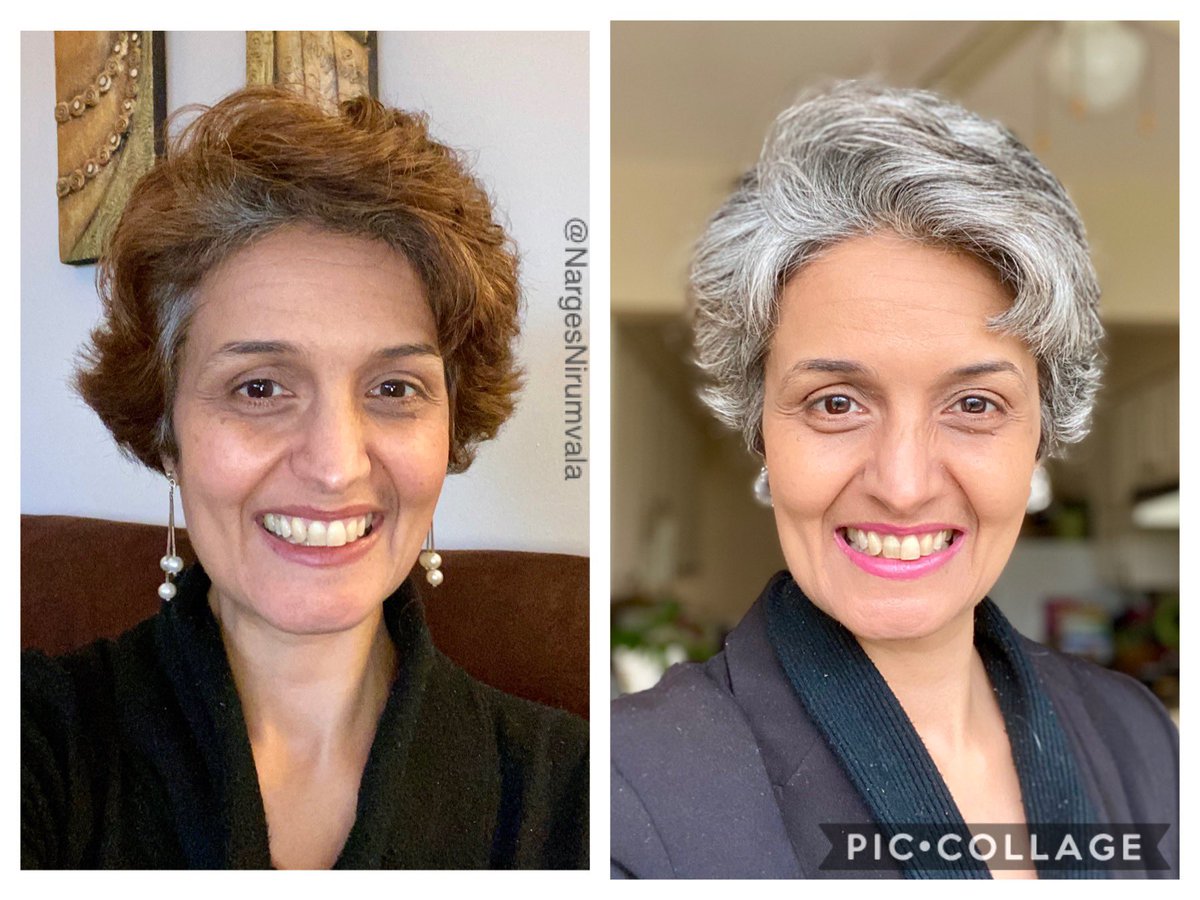 So 6-months who I decided to #ditchthedye and start grow out my grey hair! I was VERY insecure about it. It’s done now. Here’s the #beforeandafter. What do you think?!!? Be kind Twitter.🥰❤️👌🏼 #SilverSisters