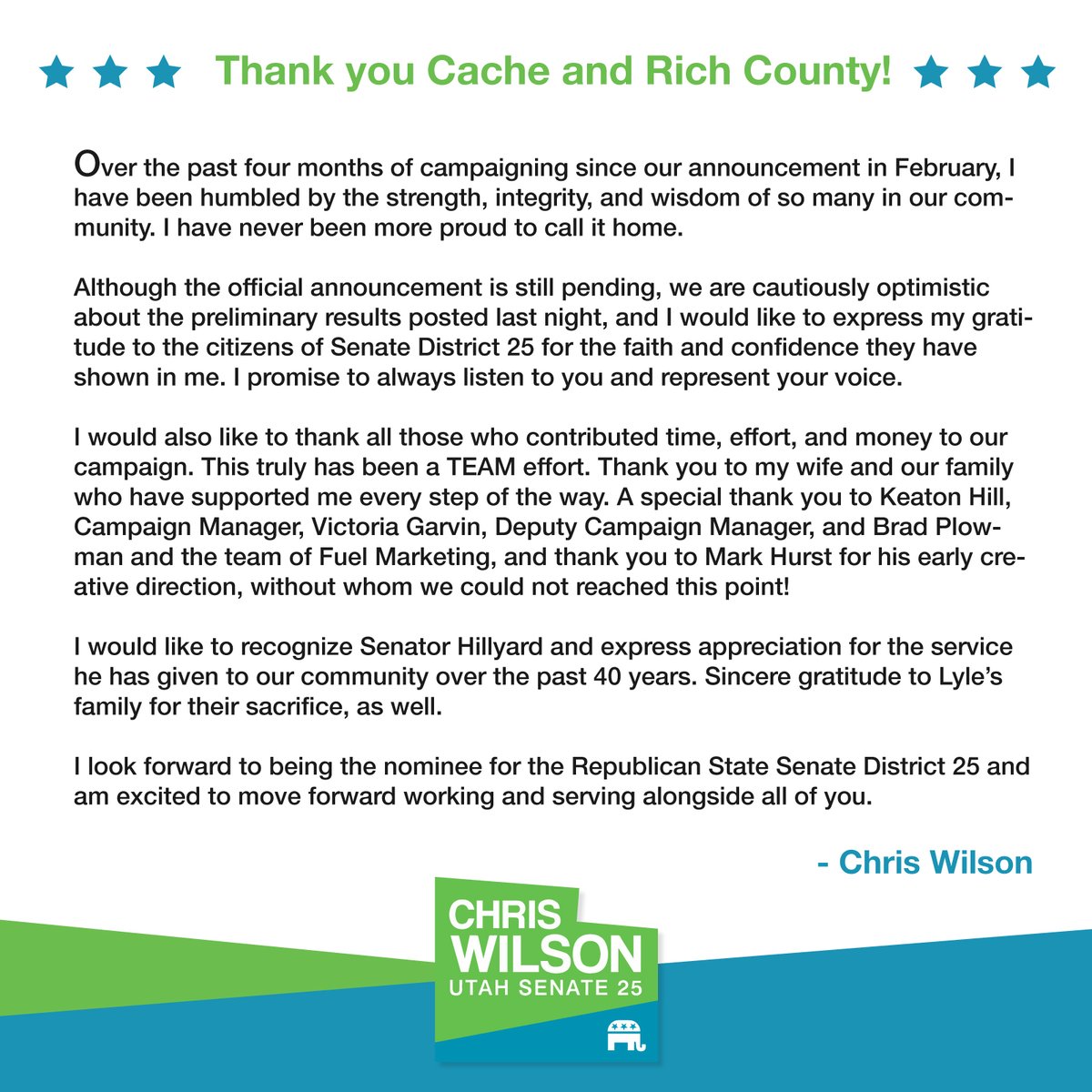 "Although the official announcement is still pending, we are  optimistic about the preliminary results posted last night, and I would like to express my gratitude to the citizens of Senate District 25 for the faith and confidence..."