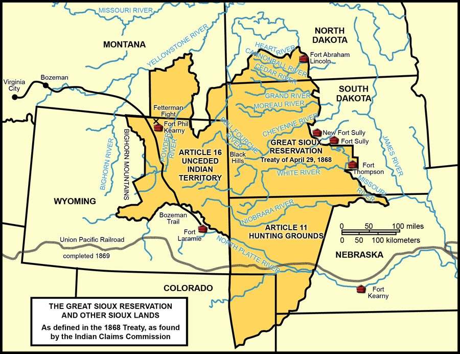 The 1868 Fort Laramie Treaty guaranteed a permanent “Great Sioux Reservation.”This included the Black Hills.