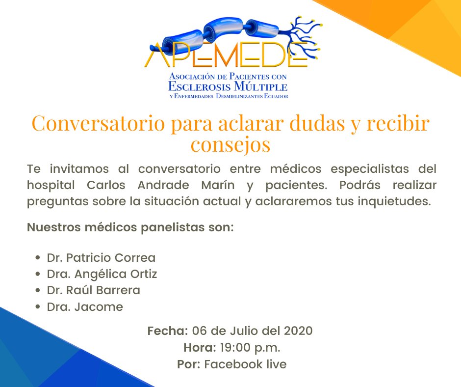 Tendremos este conversatorio con médicos especialistar que ayudaran aclarar dudas y podras realizar tus preguntas relacionadas con las patologias de Enfermedades Desmielinizantes.
#Pacientes #Patologias #EsclerosisMúltiple #NeuromielitisÓptica
facebook.com/apemede/live/