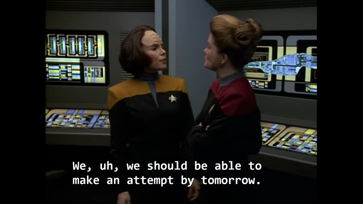 State of Flux; B'Elanna acts out every dev's and engineer's fantasy with regards to a demanding, overbearing manager. There's also something about them finding out a recurring background character is actually a spy, NBD