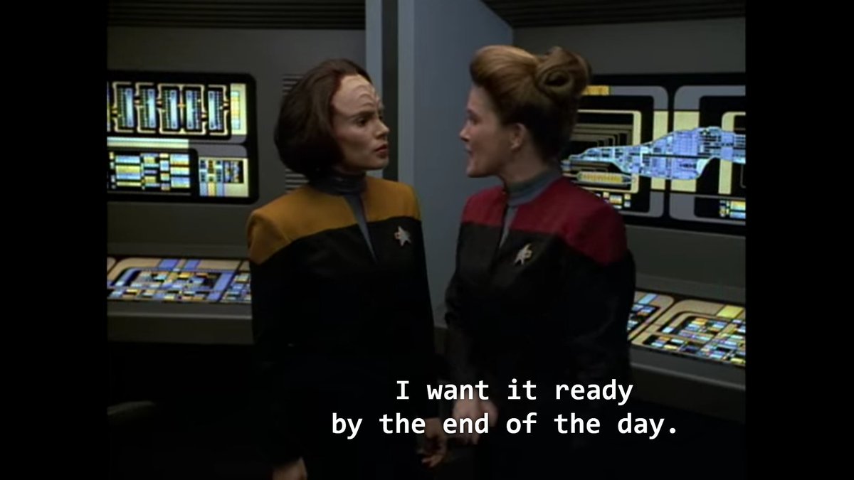 State of Flux; B'Elanna acts out every dev's and engineer's fantasy with regards to a demanding, overbearing manager. There's also something about them finding out a recurring background character is actually a spy, NBD