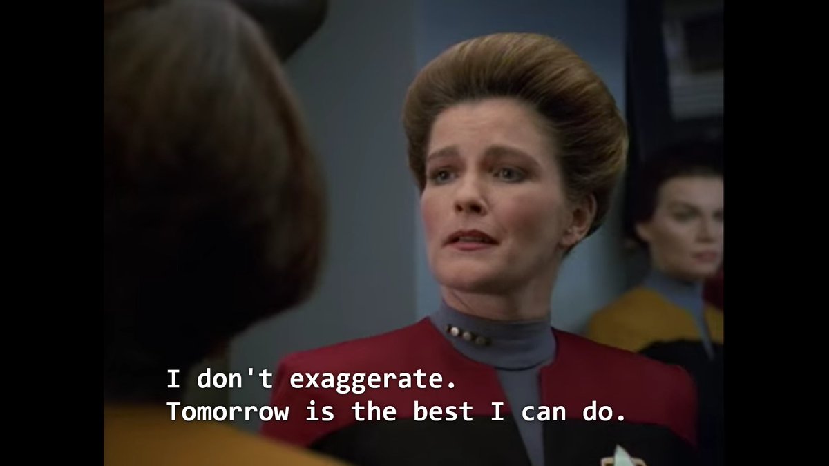 State of Flux; B'Elanna acts out every dev's and engineer's fantasy with regards to a demanding, overbearing manager. There's also something about them finding out a recurring background character is actually a spy, NBD