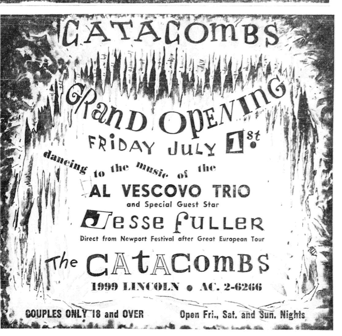 Now before this thread gets too unwieldy I wanna jump a bit ahead in the narrative. It was OTD 60 yrs ago that the Denver folk scene got a new club - the Catacombs, located in the basement underneath the Exodus in the Raylane Hotel. He saw Jesse Fuller. 11/