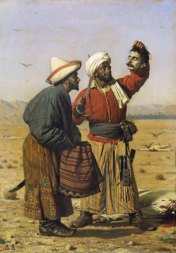 Unlike many of his contemporaries Vereshchagin, who lived through many battles and was himself wounded - rarely depicted scenes of conflict in heroic terms.There is a realistic brutality in many of his paintings that led some critics to describe them as “vulgar.”