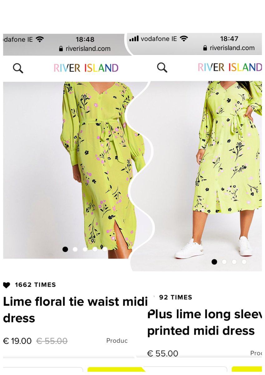 ninibeany82's tweet photo. Why is there a discrepancy on the same dress. One in average size and one in plus. Should they both not be on sale?! @riverisland
#discrepency #plussizefashion #discriminatory #Curvyfashion #riverisland https://t.co/93ply6Y1zf