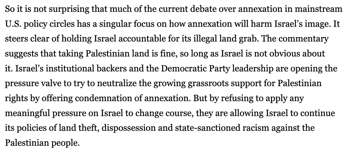 As  @AdalahJustice organizer Sandra Tamari points out, the focus on annexation as a threat to Israel's reputation rather than further harm against Palestinians normalizes the human rights abuses at play for decades that got us here http://inthesetimes.com/article/22638/annexation-israel-palestine-apartheid-aipac-j-street-biden
