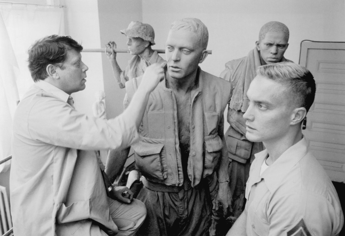The three figures that make up statue represent American racial and ethnic diversity. They are purposefully identifiable as Caucasian, African-American and Hispanic-American. Each model sat for two to three hours at a time for two months.