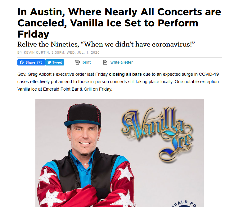 SOURCE: Vanilla Ice will play all song from his Greatest Hit album in Austin this Friday...